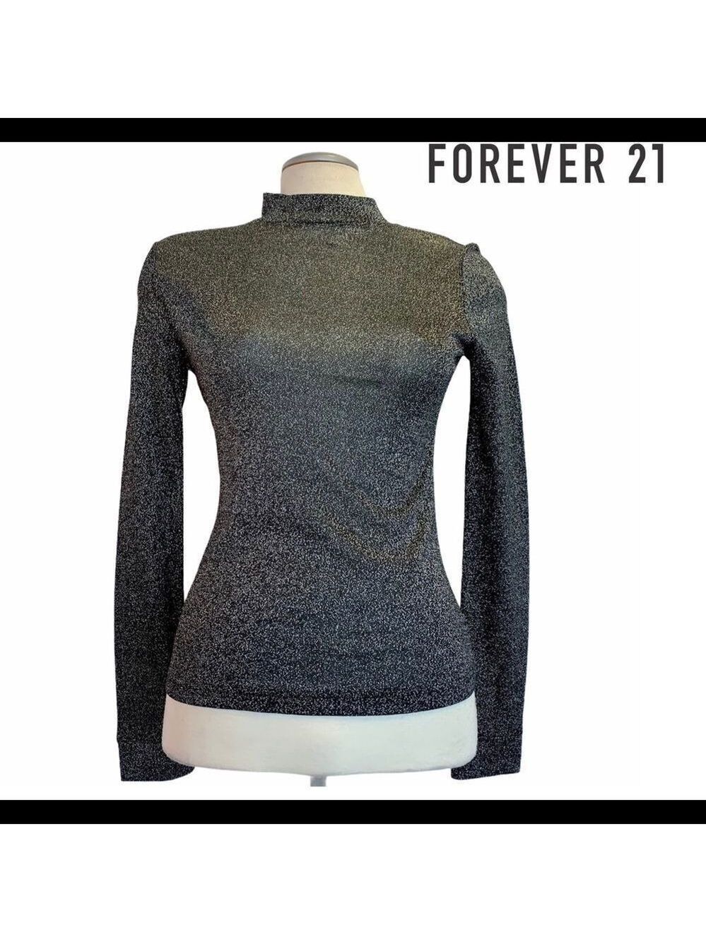 FOREVER 21 black silver high neck long sleeve top